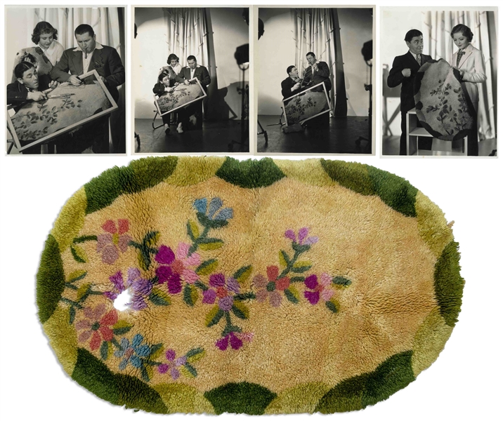 Moe Howard's ''Legendary'' Hooked Rug, Featured in His Autobiography, With Eight 8'' x 10'' Photos of Him With Rug -- Measures 38'' x 24'' -- 2'' Hole to One Side, Else Very Good